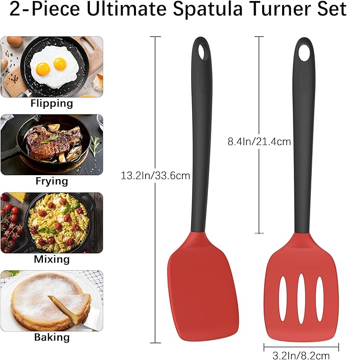 Coukre 2 Pack Silicone Spatula Set, High Heat Resistant, BPA Free Kitchen Spatula, Solid & Slotted Turner for Non-Stick Pans, Sautéing, and Flipping (2, Red)