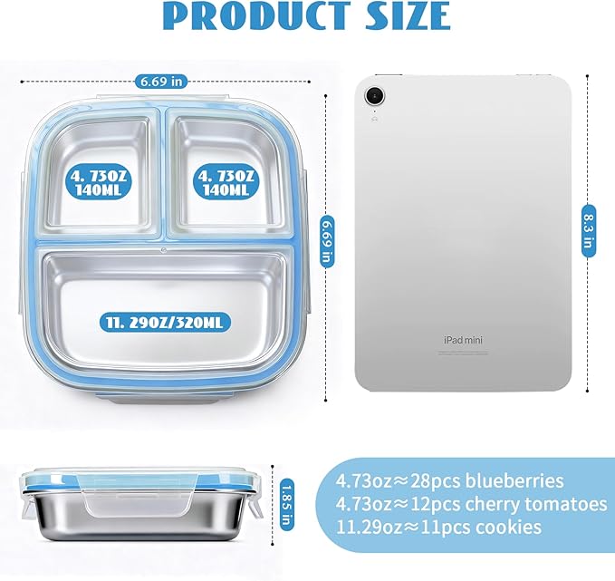 Stainless Steel Snack Containers, 3 Compartments Reusable on and go Bento Box with Lids for Kids, Lunch Box Pre Meal Storage for School Office Outdoor Camping Travel - Blue