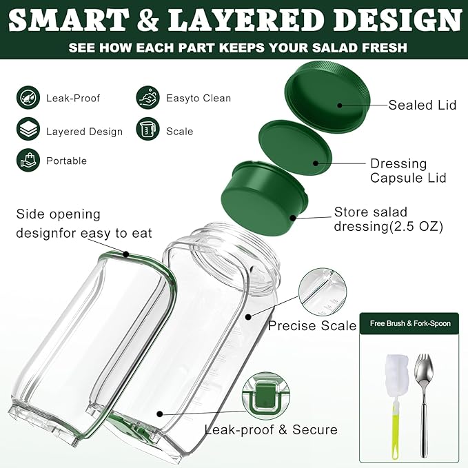 Side-Opening Mason Salad Jar, Portable 1000ml Salad Container with Leakproof Dressing Cup, Includes Spoon and Cleaning Brush, Perfect for Meal Prep, Gym, Office, Picnic and Travel (1 Pac)