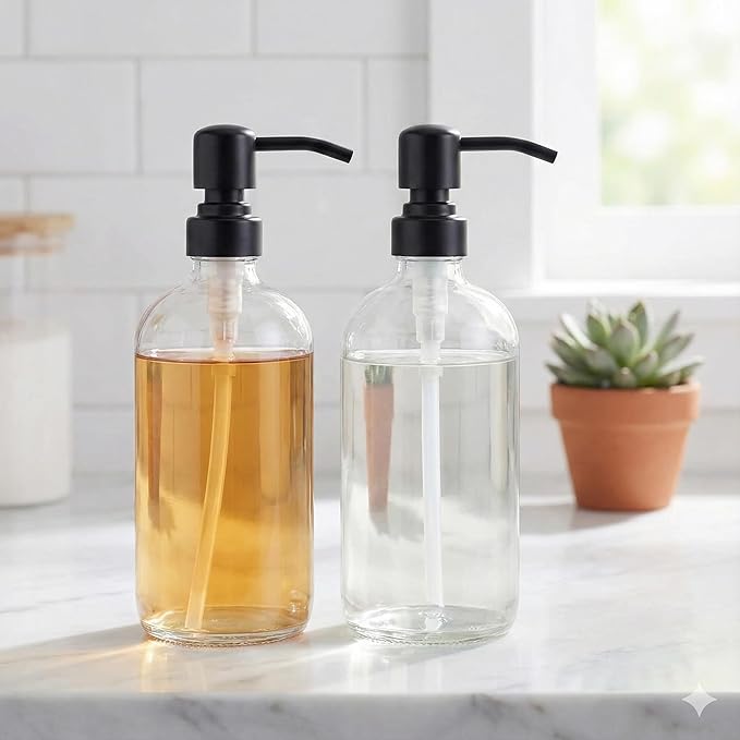 2 Pack Thick Clear Glass Pint Jar Soap Dispenser with Matte Black Stainless Steel Pump, 16ounce Clear Boston Round Bottles Dispenser with Rustproof Pump for Essential Oil, Lotion Soap