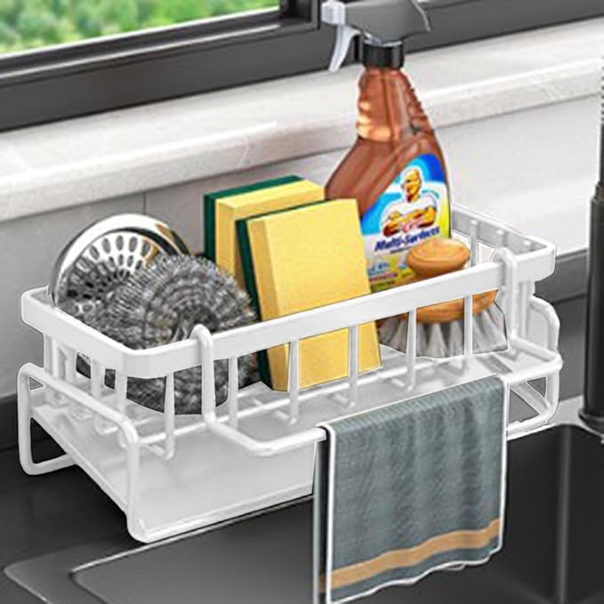 Kitchen Sink Sponge Holder, Rustproof 304 Stainless Steel Sink Caddy Kitchen Sink Organizer with High Brush Holder,Kitchen Sink Organizer for Dish Brush,Sponge,Soap Dispenser,