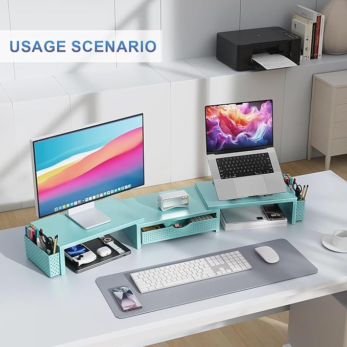 Dual Monitor Stand Riser, Desk Organizer With Drawer and 2 Pen Holders, Blue