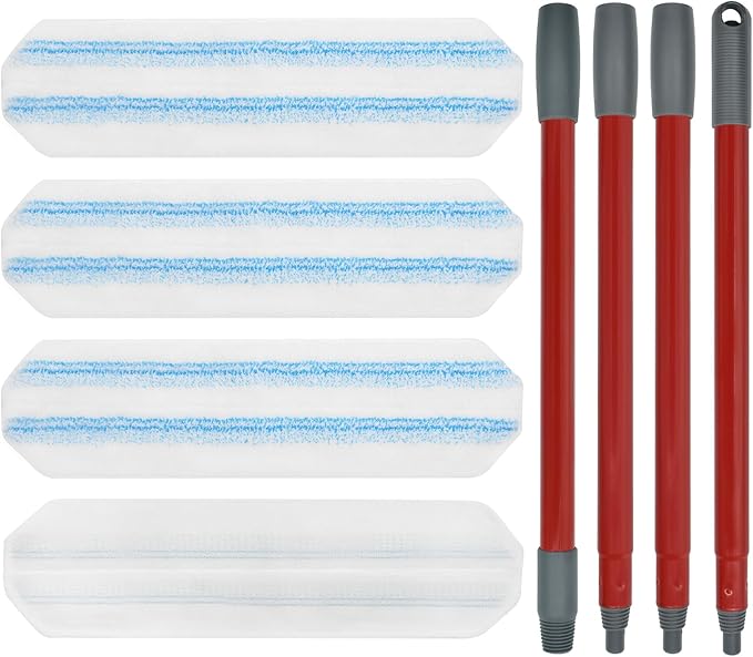 Mop Replacement Pads for Ocedar H2prO Flat Mop System, Mop Handle Mop Refills for O-Cedar H2pro Flat Mop System, Include 4 Pack Mop Pads and 4-Section Mop Handle for Ocedar H2 Pro Mop