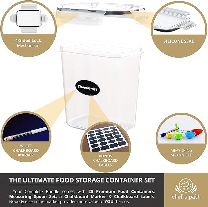 Chef's Path Airtight Plastic Food Containers with Lids - 20 Pack (1.6 Liter Each) - Durable Kitchen and Pantry Storage for Cereal, Rice, Pasta, Sugar