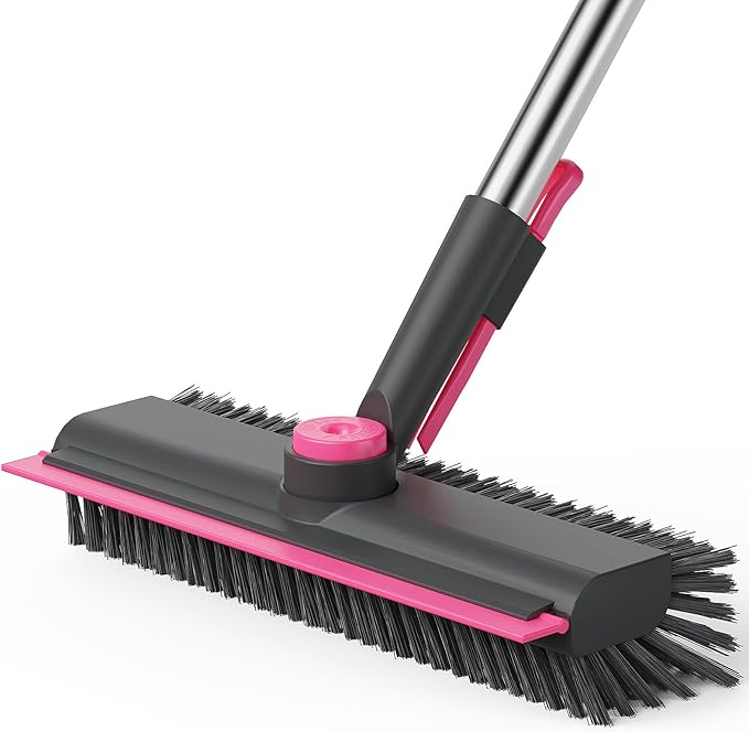 AIR U+ Floor Scrub Brush with Long Handle, 3 in 1 Scrape and Heavy-Duty Stiff Bristle Scrubber Brush for Cleaning Shower Bathroom, Patio, Pool, Garage