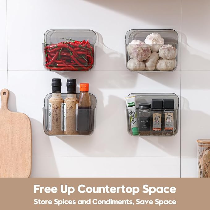 2 Pack Adhesive Cabinet Door Organizer, Compact Kitchen Under Sink Organizer, Lid Storage Container for Pantry Shelves, No-drill Wall Mounted Bathroom Shower Caddy Hanging Closet Organizer(Smoke Gray)