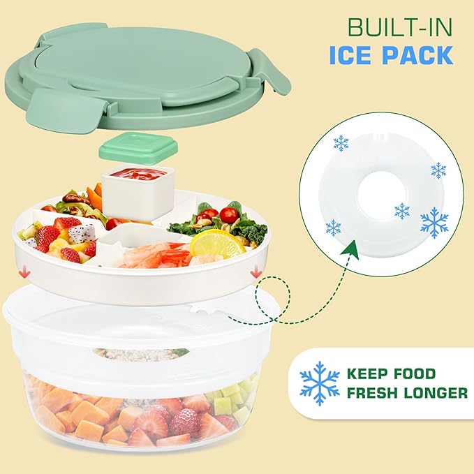 Salad Container for Lunch, Bento Lunch Box 58-oz with 4 Compartments Tray and Ice Pack, Leak-Proof Salad Bowl with Lid for Adults