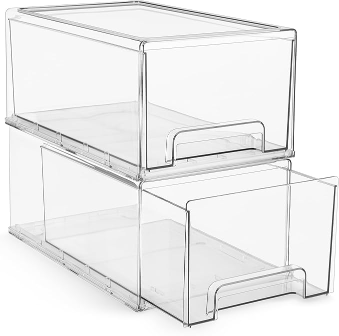 Sorbus Large Clear Stackable Storage Drawers – 2-Pack Plastic Organizer Bins with Handles – Stackable Pull-Out Storage Drawers for Closet, Pantry, Office, Bathroom, Craft, and Toy Organization