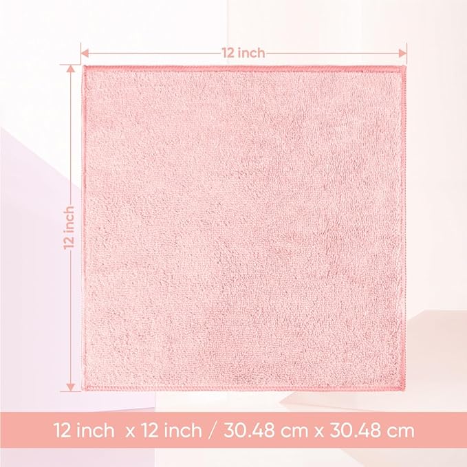 HOMEXCEL Microfiber Washcloths 12 Pack, Highly Absorbent and Soft Face Towel, Multi-Purpose Wash Cloths for Bathroom, Gym, Hotel, Spa and Kitchen, Multicolor 12x12 Inch, Pink