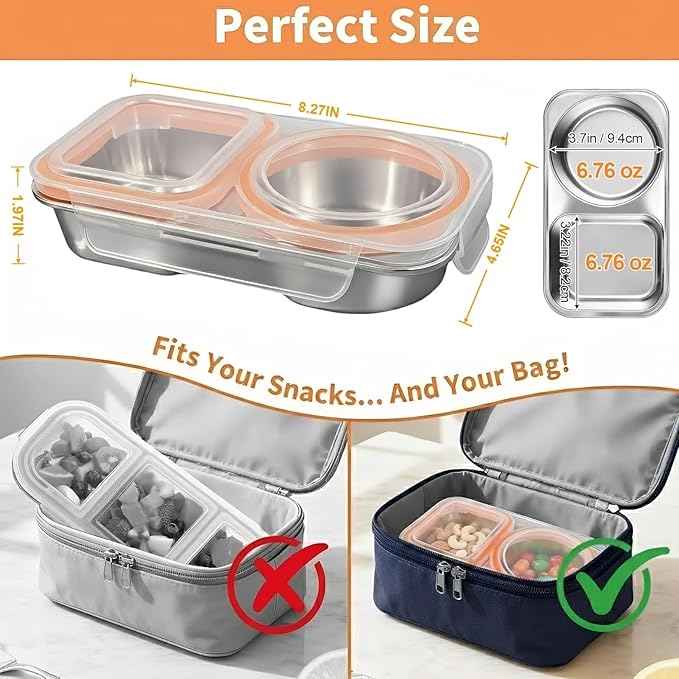 Stainless Steel Bento Lunch Box 3 Pack – Leak Proof 2 Compartment Lunch Containers, Meal Prep & Portion Control, BPA Free, Dishwasher Safe for Work & Office (Orange)