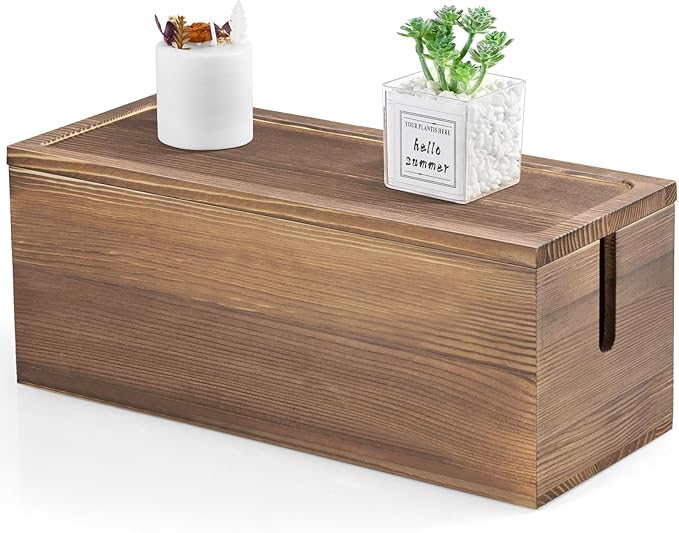 Large Cable Management Box, Burnt Wood Cord Organizer Box for Desk, Floor, Office to Hide Extension Cords Power Stripes Surge Protectors Chargers Wires