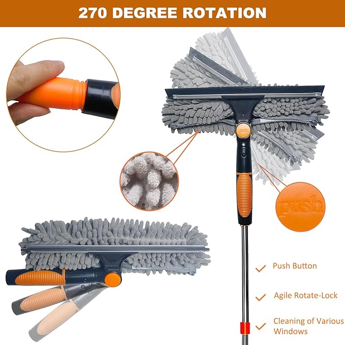 20 ft+ Reach Squeegee Window Cleaner Duster 2 in 1 Rotatable Window Cleaning Tool Kit with 3-14 ft Extension Pole