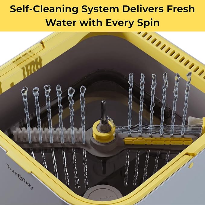 True & Tidy® TrueClean Spin Mop 2.0 w/Detachable Inner Bucket, Self Standing, Separates Clean and Dirty Water, Foldable Square Mop Head, Triple Jet Stream w/Hidden Brush, Replaceable 2pc Pads