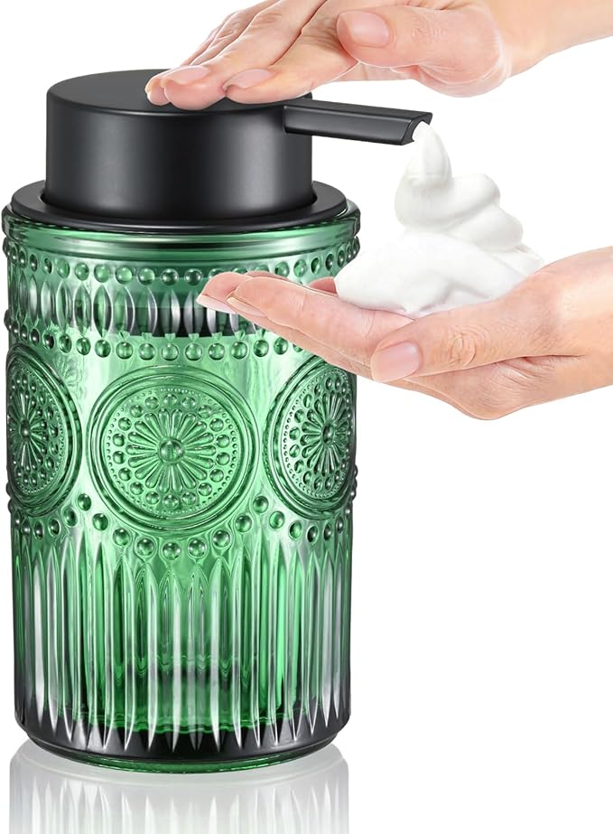 Green Glass Foaming Hand Soap Dispenser with Matte Black Pump Decorative Thick Embossed Bottle Refillable for Bathroom and Kitchen 12 fl oz