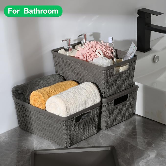 6 Pack Plastic Storage Baskets With Lids, Grey Breathable Stackable Storage Bins