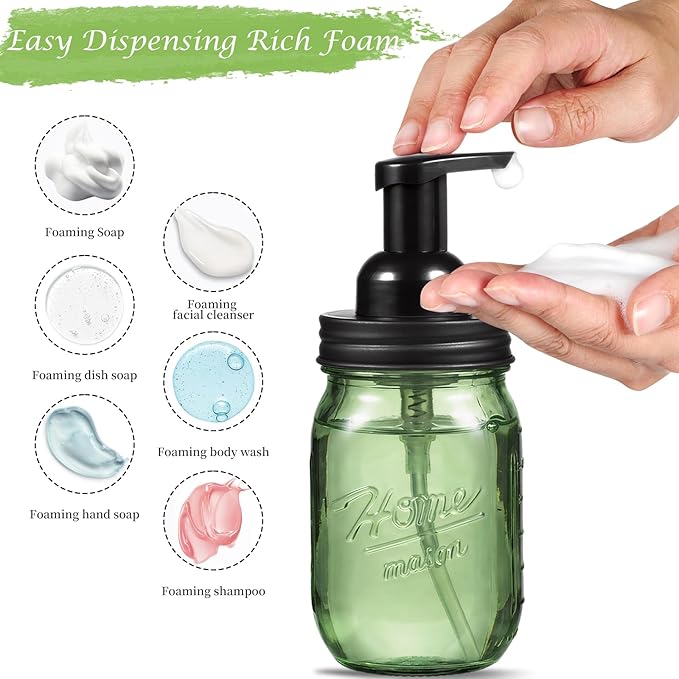 Amolliar 16OZ Green Glass Mason Jar Foaming Soap Dispenser, Plastic Pump & Stainless Steel Lid, Refillable Hand Soap Dispenser for Kitchen Bathroom, Farmhouse Decor for Foaming Dish Soap, Black 2 Pack