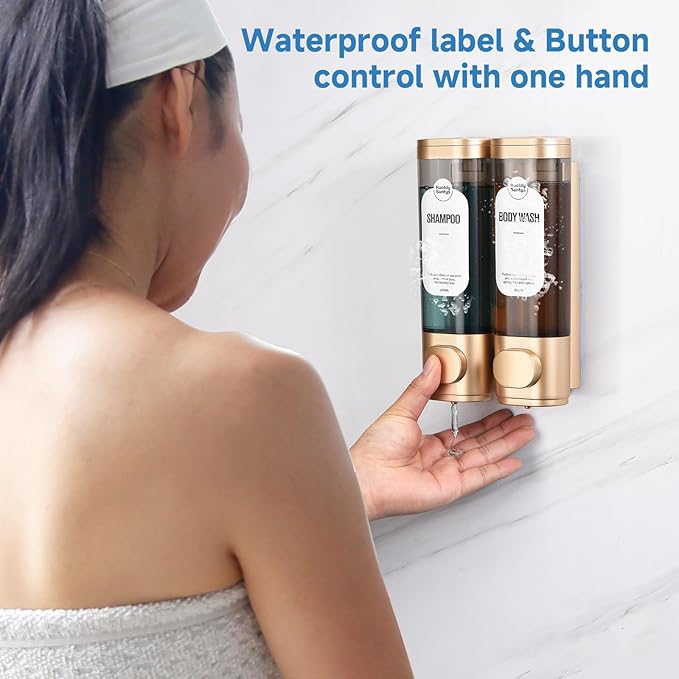 Shampoo and Conditioner Dispenser, Refillabe Shower Soap Dispensers 2 Chamber No Drill Shampoo Dispenser for Shower Wall Mounted 2 * 300ml Container for Bathroom Hotel (Gold 2 Chamber)