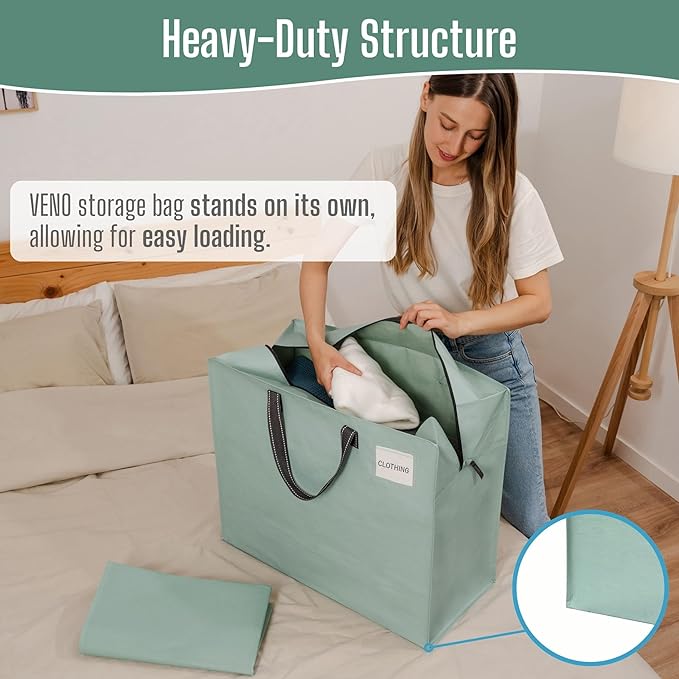 VENO 4 Pack Heavy Duty Moving Bags, Storage Bags, Packing Supplies, Top Zipper, Storage Totes for Camping, Clothes, Bedding, Comforters, Pillows (22 Gallon Light Green, 4 Pack)