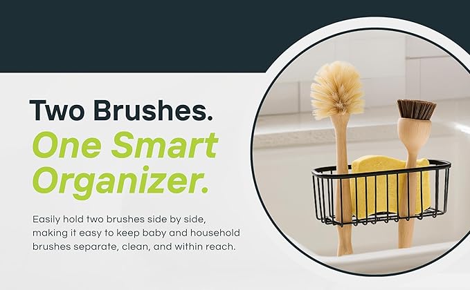 Premium Dual Brush Sink Organizer – Holds 2 Dish Brushes & Sponge, Strong 3-Suction Cup Base, Rust-Resistant Powder Coating, Elevated Drain-Friendly Design (7.2×2.6×3 in, Black)