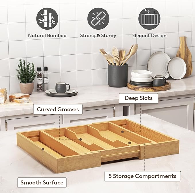 Lifewit Utensil Organizer for Kitchen Drawer, Expandable Cooking Utensil Tray, Cutlery Silverware Flatware Holder