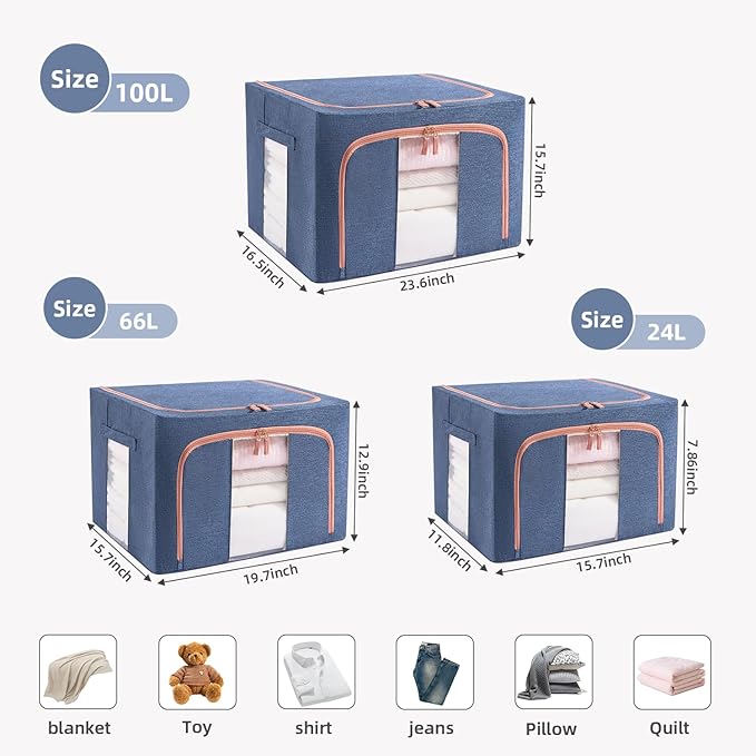 GuliPostan 3 Pack 66L Stackable Clothes Storage Bins with Metal Frame Handles & Zipper, Collapsible Closet Organizer Box with Lid for Bedding Blankets Towel (Navy)