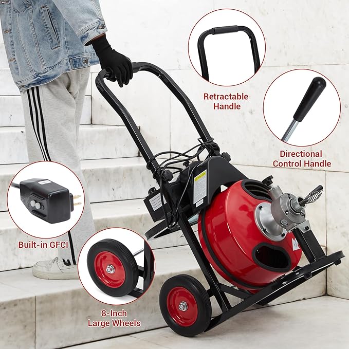100 FT x 3/8 Inch Portable Drain Snake with 250w Motor, Snake Drain Hair Removal Tool with 9 Cutters and Pneumatic Foot Switch, Drain Snake Hair Drain Clog Remover Fit 1 Inch to 4 Inch Pipes