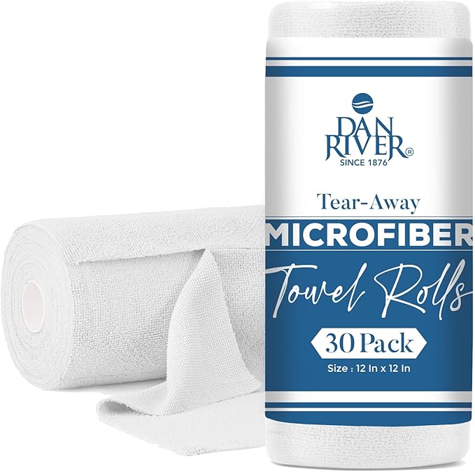Dan River Tear Away Microfiber Cleaning Towel Roll - 30 Pack, 12x12 Inch Reusable Cloths for Dust, Kitchen, Bathroom, Cars - Scratch-Free, Lint-Free Cleaning Supplies (White)