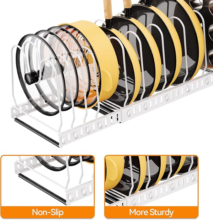 Pot And Pan Organizer Under Cabinet, Expandable Pans and Pots Organizer Rack Pot Lid Holder Shelf with 12 Different Size Dividers (12 Brackets-White)