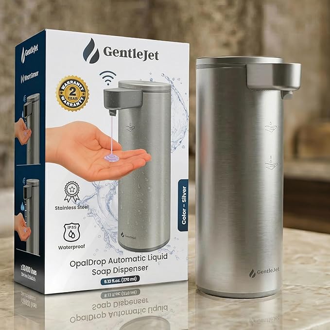 GentleJet OpalDrop Automatic Liquid Soap Dispenser for Kitchen Sink – Touchless No-Drip Pump, USB-C Rechargeable, 304 Stainless Steel, IPX5 Water-Resistant, 270 ml