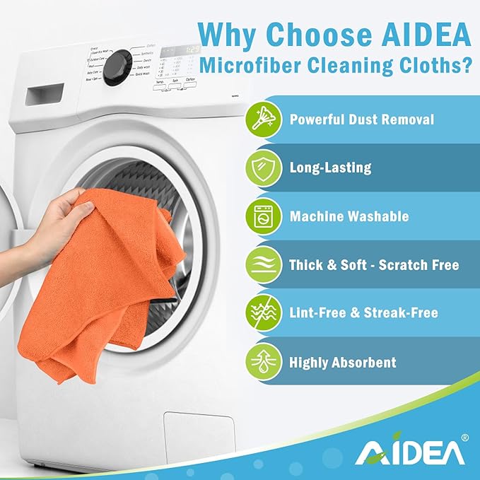 AIDEA Microfiber Cleaning Cloth-12PK, Soft Microfiber Towels for Cars, Absorbent Cleaning Rags, Lint-Free Streak-Free Wash Cloths for House, Kitchen, Window(12in.x12in), Orange