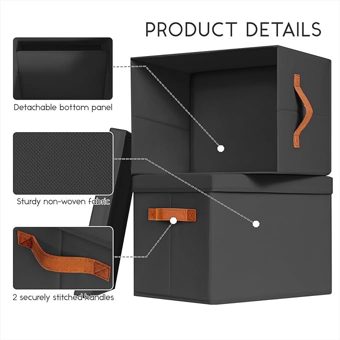 Homsorout Storage Bins with Lids - Large Fabric Closet Bins with Lid, 5 Pack Clothes Organizers and Storage, Collapsible Stackable Cube Basket for Home, Office, Dorm, Black