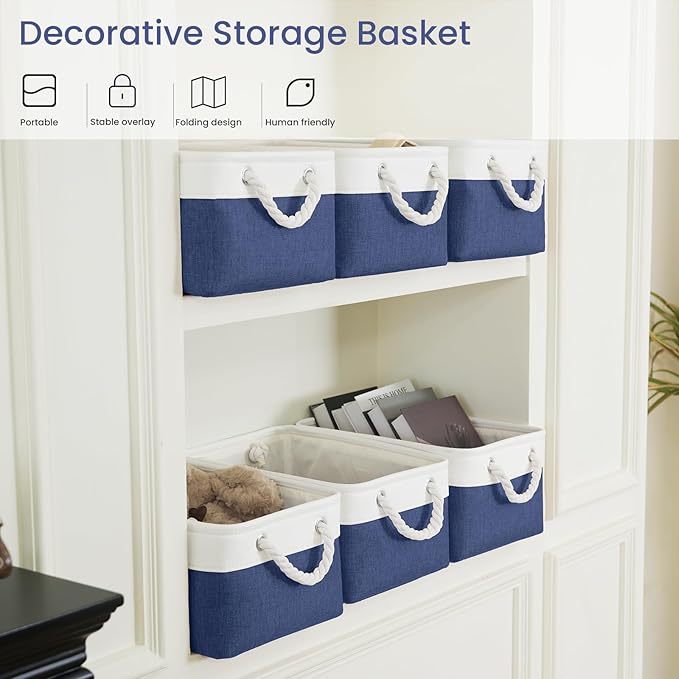 Storage Baskets for Shelves 13.8x9.8x6.7 Inch, Foldable Fabric Storage Bins with Handles, Small Storage Baskets for Organizing Closet, Office, Home Organization (1-Pack, White&Blue)