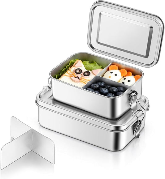 TeamFar 2 Pack Stainless Steel Bento Box, 28 & 47oz Metal Lunch Box with 3 Compartments for Adults/Kids, Lunch Food Containers for School/Work/Meal Prep, Leak-Proof & Dishwasher Safe, 850ML+1400ML
