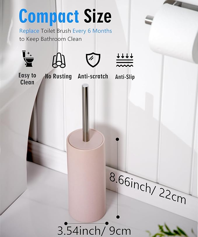 Matt Pink Ceramic Toilet Brush and Holder Set, Freestanding Toilet Bowl Cleaners Brush, Scrubber Brush for Toilet, Bathroom Accessories with Stainless Handle, Deep Cleaning