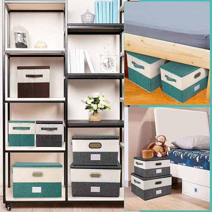 Large Linen Fabric Foldable Storage Bins with Removable Lid and Handles, Washable Storage Box Organizer Containers Baskets Cube with Cover for Bedroom