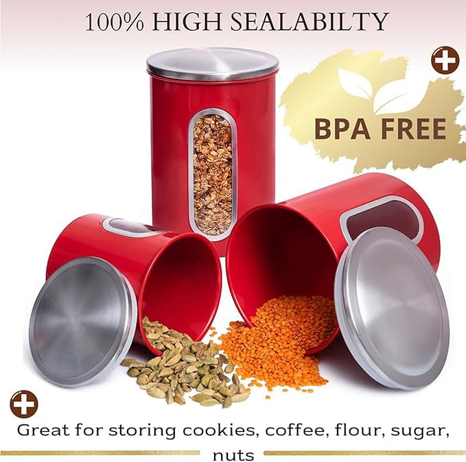Mixpresso 3-Piece Red Canisters Sets For The Kitchen, Airtight Canister Set With See Through Window, Storage Jars for Coffee Container