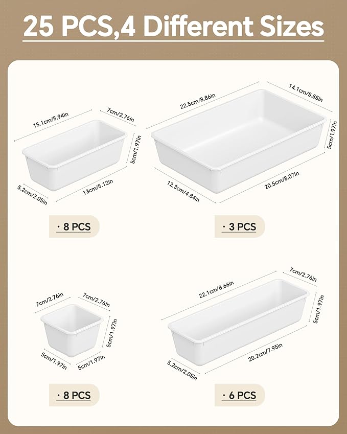 25 PCS Plastic Drawer Organizers Set, 4 Sizes Vanity Organizer, White