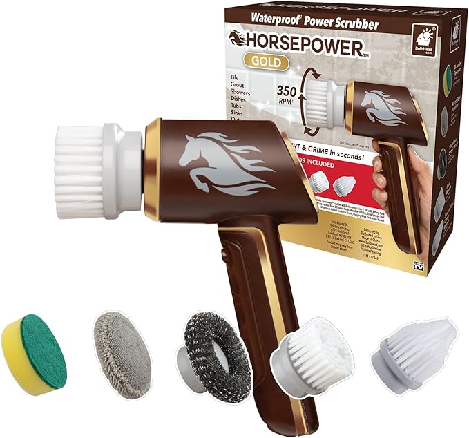 Horsepower Scrubber Gold Edition, Longer Battery Life, Electric Power, Rechargeable, Spins 350 RPM, Waterproof, 5 Brush Heads, AS SEEN ON TV, Cleans Dirt & Grime: Bathrooms, Kitchen, Indoors/Outdoors
