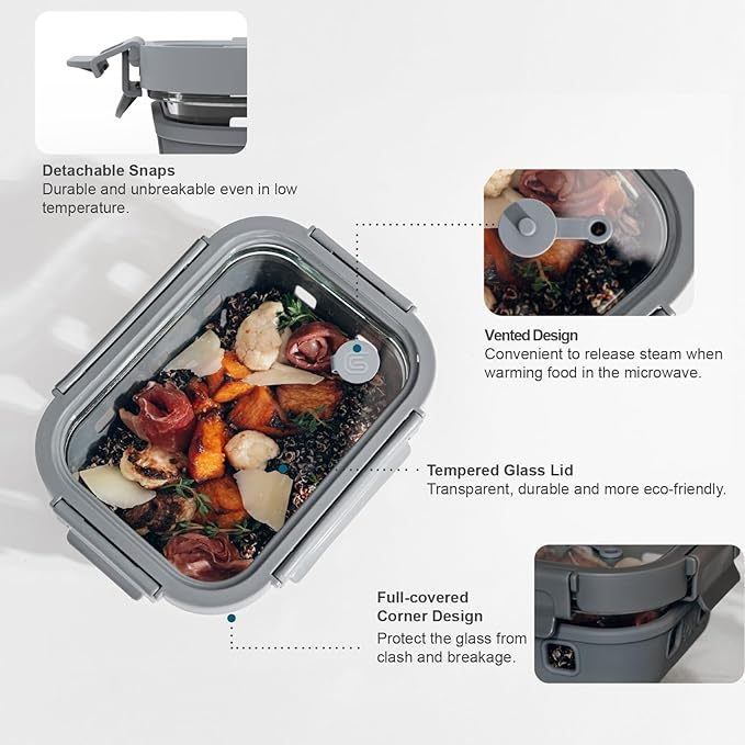 GENICOOK Glass Food Storage Containers With Glass Lids Bento Box Set Lunch Box Eco Friendly Meal Prep Containers Airtight – Plastic Free