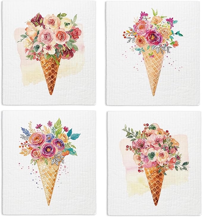 Swedish Dishcloths for Kitchen, Summer Ice Cream Floral Kitchen Dish Towels for Washing Dishes, 4 Pack Reusable Paper Towels, Ice Cream Decor, Sponge Cloths for Home Cleaning Cooking Baking