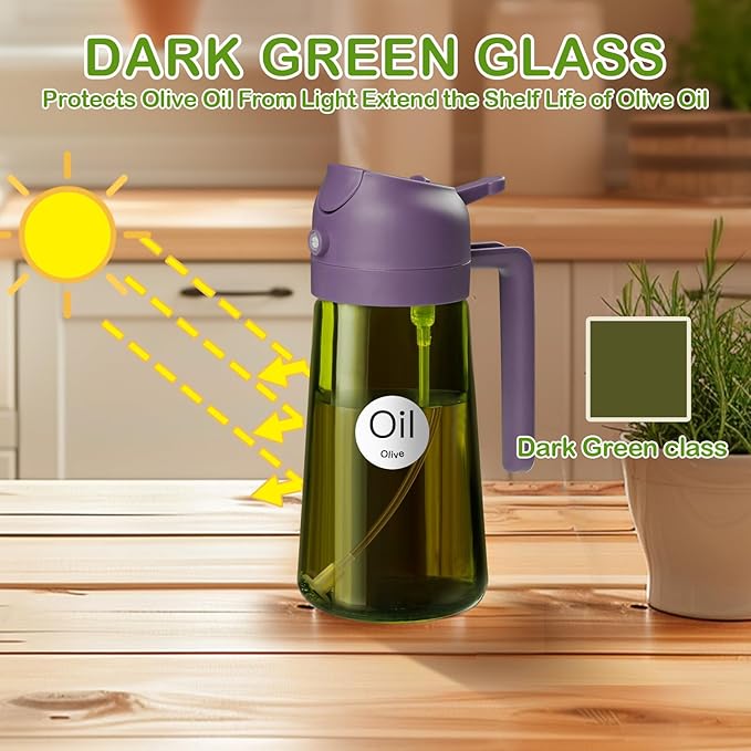 YARRAMATE 2Pcs 16oz/470ml Dark Green Oil Sprayer for Cooking with Stickers, Food-grade Premium 2 in 1 Olive Oil Dispenser Bottle for Kitchen Gadgets, Air Fryer, Salad, Frying, BBQ (Black&Purple)
