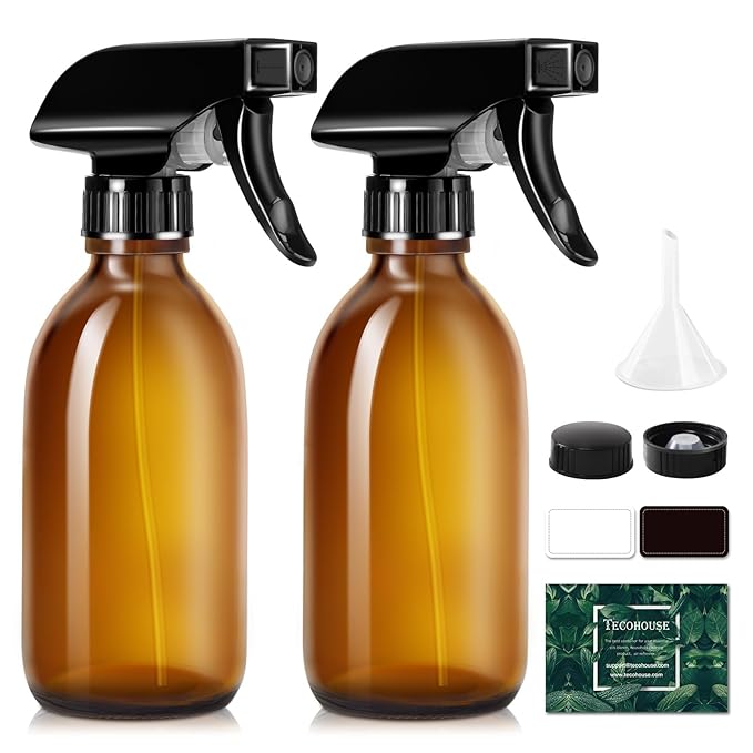 Tecohouse Glass Spray Bottles 8oz, Amber Hair Spray Bottles, 2 Pack Empty Refillable Sprayer Container with Labels, Funnel, Lids, Graduated Pipettes - Handheld Size