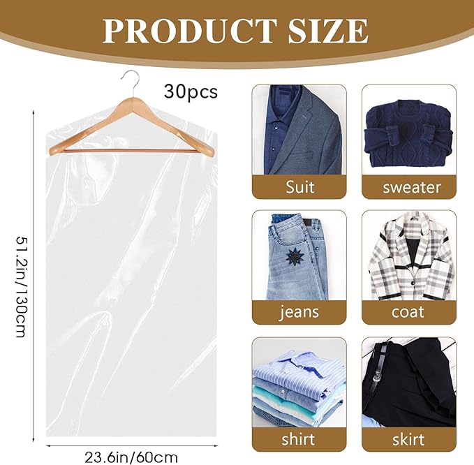 30 Pack Clear Dress Covers for Hanging Plastic Garment Bags 23.6 x 51.2 Inch