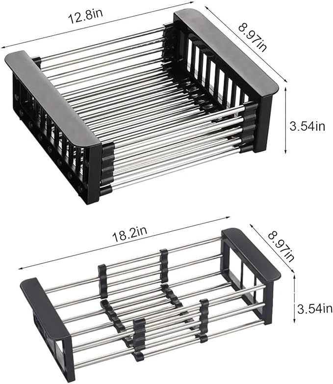 Aspasia Dish Drying Rack Grey, Adjustable Stainless Steel Drainer Basket Drain Tray for Dish Vegetable Fruit, On Counter Dish Rack or in Sink Over Sink Kitchen Basket Dish Drying Rack, Large