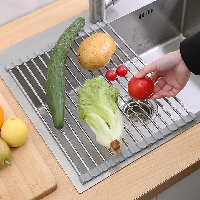 JAYWAYNE Roll Up Dish Drying Rack -17.5" x 14" – Large Stainless Steel Dish Drainer Over The Sink for Kitchen Countertop – Multifunctional Storage Rack,Suitable for Kitchen, Outdoor Picnic