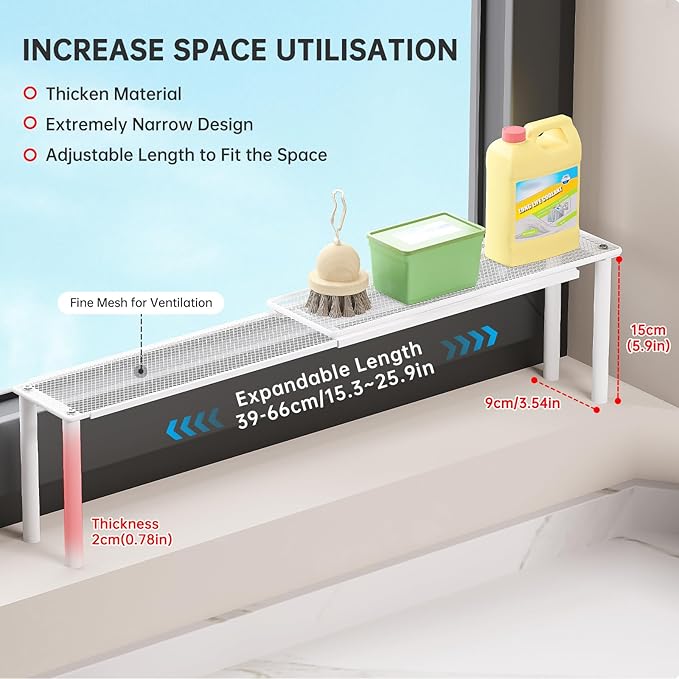 Expandable Window Shelf for Plants Kitchen Sink Organizer Stackable Narrow Shelves Kitchen Countertop Holder Mesh Design (1, White)