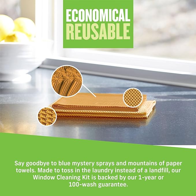 E-Cloth Microfiber Window Cleaning Cloth Kit - Glass Cleaning Cloth for Windows, Mirrors, Cars, Lenses, Eyeglasses, & More, Streak Free Clean