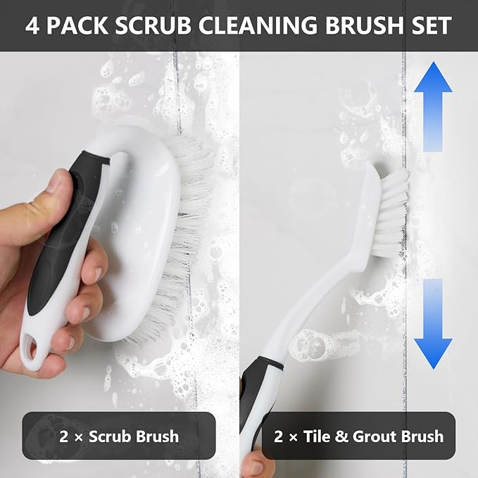 Scrub Brush Set, 4 Pack Deep Cleaning Brush Kit - 2 Scrub Brush, 2 Tile & Grout Brush with Built-in Scraper, Household Commercial Scrubber for Floor, Shower, Pool Wall, Tub (Black)