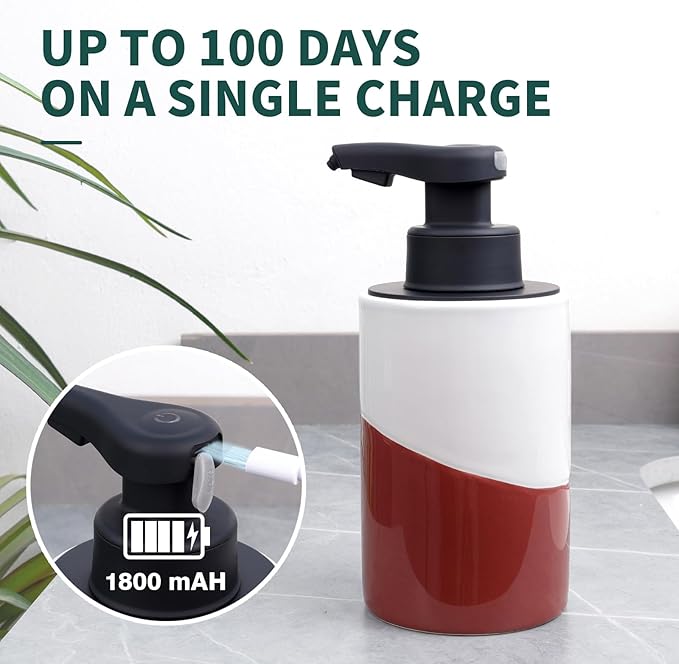 BosilunLife Automatic Soap Dispenser Ceramic Hand Free Soap Dispenser with Waterproof Pump Rechargeable Smart Electric Soap Lotion Dispenser Touchless for Kitchen Bathroom (White-Red, Foam Pump)