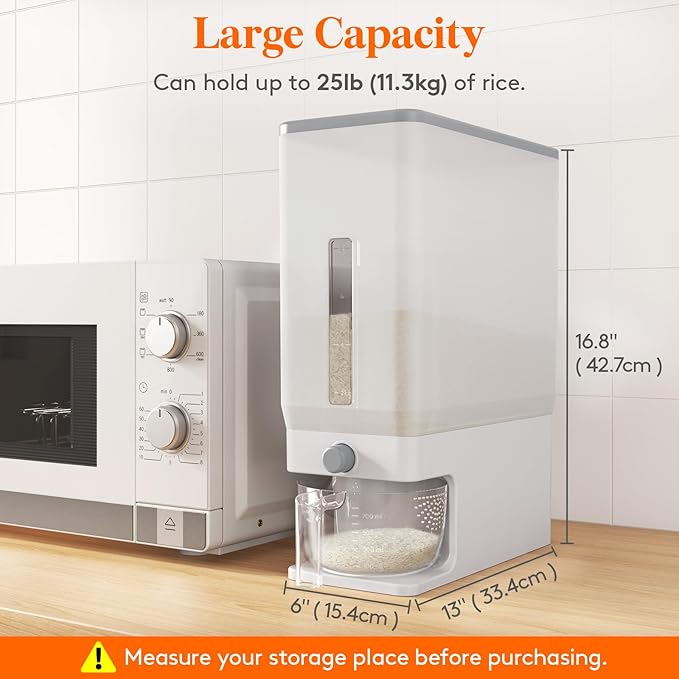 Lifewit Rice Dispenser 25 Lbs(11.3kg), Rice Storage Container Sealed Moisture Proof with Measuring Cup for Kitchen Pantry Household, BPA-Free